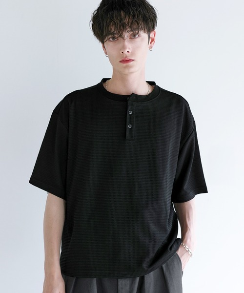 ヘンリーネック tシャツ ワッフルヘンリーネックドローコードTシャツ