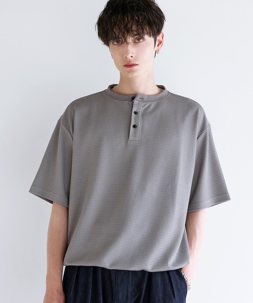 ヘンリーネック tシャツ ワッフルヘンリーネックドローコードTシャツ