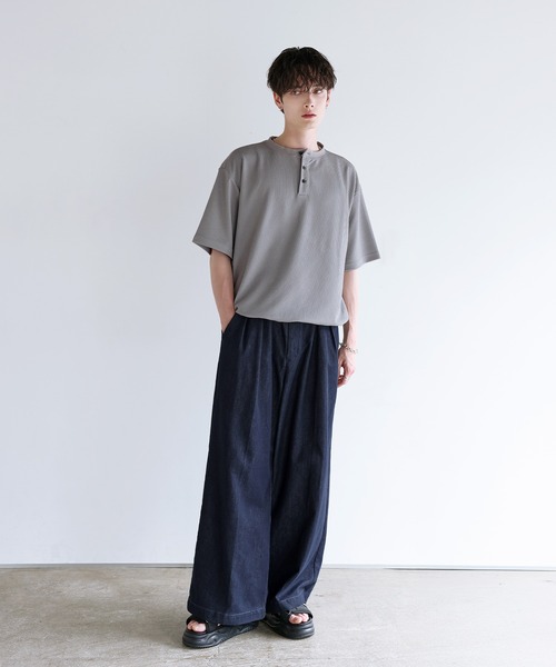 OMARAFRIDI ヘンリーネック 長袖 ワッフルニット Tシャツ 46 ヘンリーネック tシャツ ワッフルヘンリーネックドローコードTシャツ