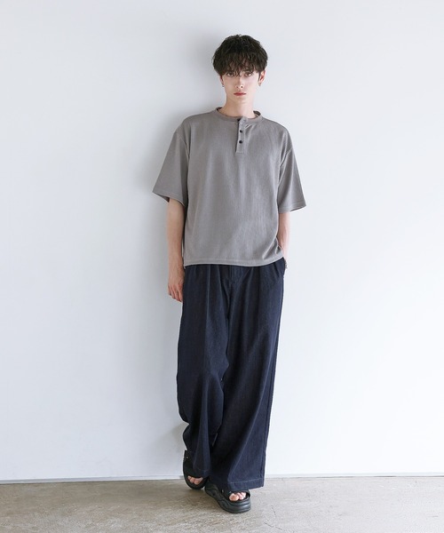 ヘンリーネック tシャツ ワッフルヘンリーネックドローコードTシャツ