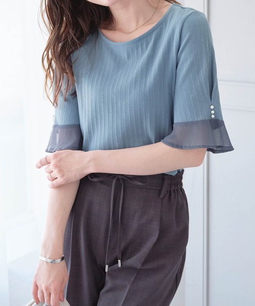 alotta tシャツ パール調ボタン付テレコリブトップス レディース