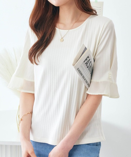 alotta tシャツ パール調ボタン付テレコリブトップス レディース