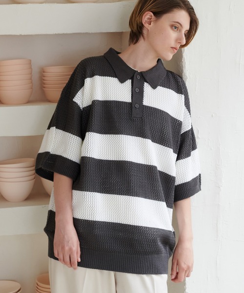 ARISTRIST 　メッシュボーダーシャツ　Ｌ ONCILY ポロシャツ BORDER MESH POLO SHIRT / ボーダーメッシュ