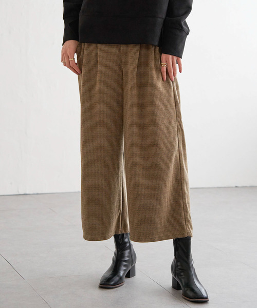 ikka パンツ カットジャガードワイドクロップドパンツ