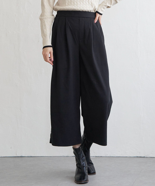 ikka パンツ カットジャガードワイドクロップドパンツ