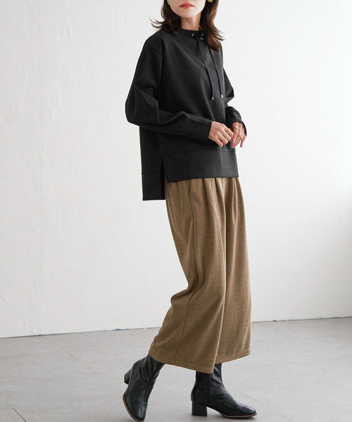 ikka パンツ カットジャガードワイドクロップドパンツ