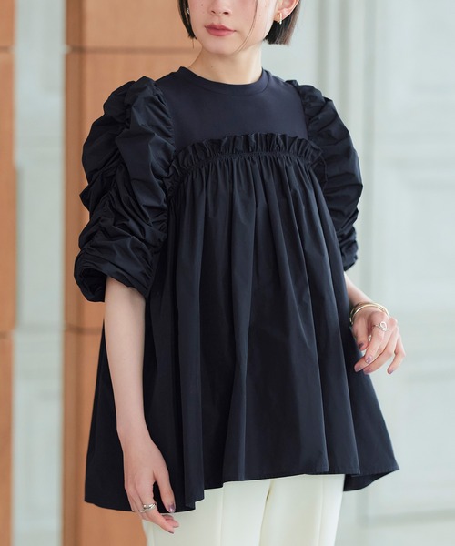 tシャツ 洗える ｜ 選べるデザイン異素材フリルカットソー（Bタイプ/ギャザー） ｜ 半袖 ギャザースリーブ クルーネック トップス 体型カバー オフ