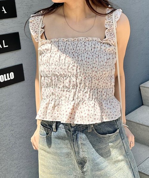 M-LINE シャツ ブラウス 「mline」花柄シャーリングキャミソール