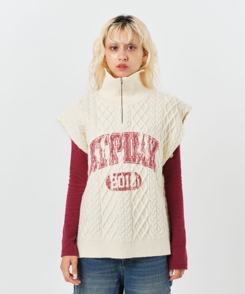 ベスト ジレ atmos pink College Cable Knit Vest / アトモス ピンク カレッジ ケーブル ニット ベスト レディー