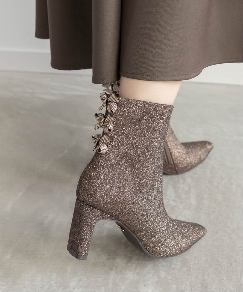 RANDA バックリボングリッターショートブーツ ブロンズ Lサイズ RANDA ブーツ バックリボングリッターショートブーツ レディース