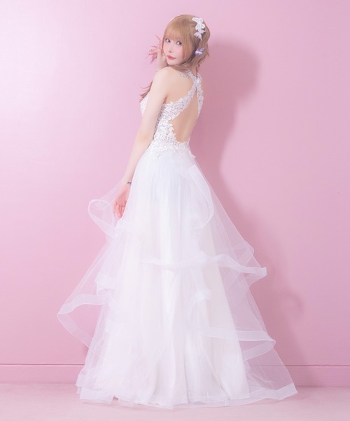 ストール付き総シルクビーズ装飾花模様ホルターネックフリル白ピンクミニロングドレス ストール付き総シルクビーズ装飾花模様ホルターネックフリル白ピンク