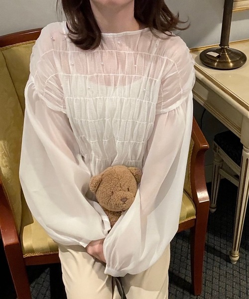 ブラウス シャツ パール付きワッシャーシアーシャーリングブラウス レディース ブラウス シャツ パール付きワッシャーシアーシャーリング