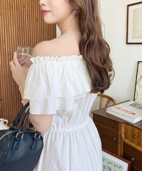 こまったちゃんサイズ♥︎真夏のワンピース&ドロワーズ2点セット♡ホワイト moment+ ワンピース コットンワッシャー2WAYクロスフリルオフショル