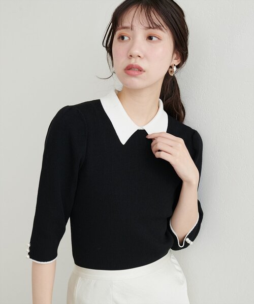 natural couture ニット セーター 「WEB限定」配色衿付き6分袖