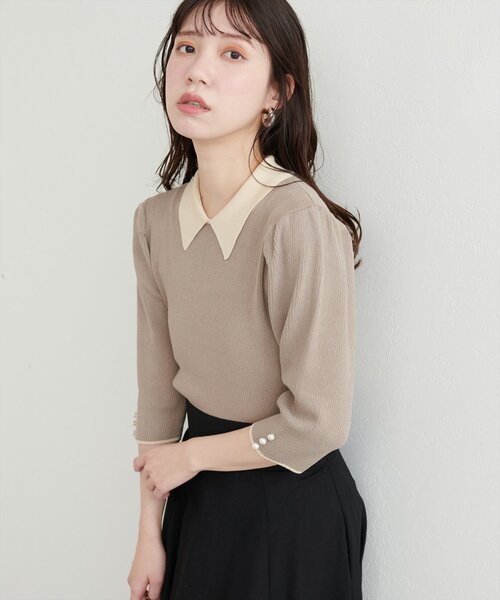 natural couture ニット セーター 「WEB限定」配色衿付き6分袖