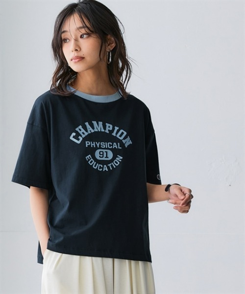 Champion tシャツ 綿100%ショート丈プリントリンガーTシャツ
