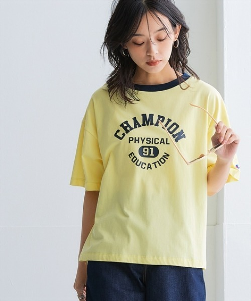 Champion tシャツ 綿100%ショート丈プリントリンガーTシャツ