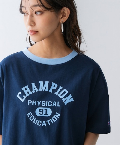 Champion tシャツ 綿100%ショート丈プリントリンガーTシャツ