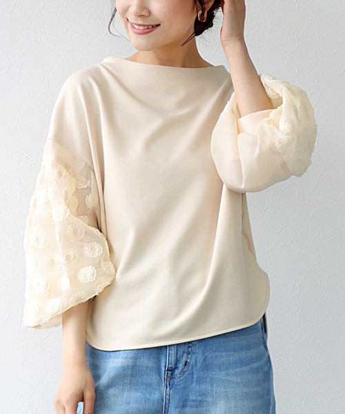 tシャツ ドットジャカードスリーブトップス レディース