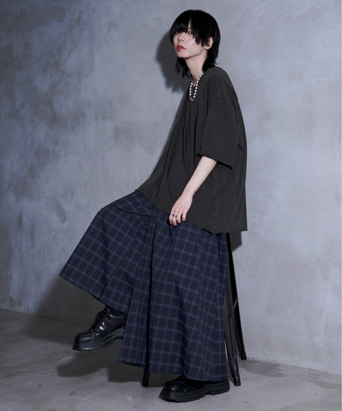 Ellno Loset パンツ 「黒色コラボ」アシメプリーツスカンツ