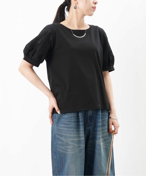 tシャツ LC/LLL 袖Vレース切替トップス レディース
