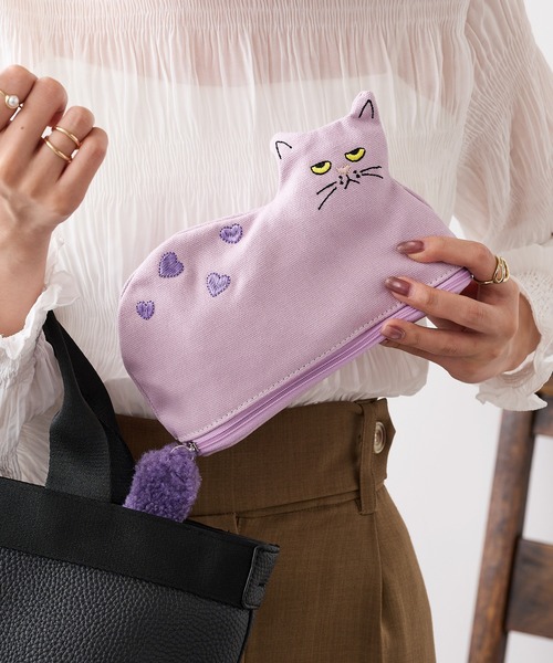 cache cache（カシュカシュ） ポーチ 「cache cache」ネコ刺繍ポーチ