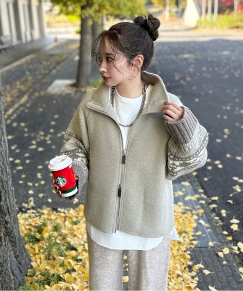 ニット セーター jacquard double zip knit /スタンドカラージャガード