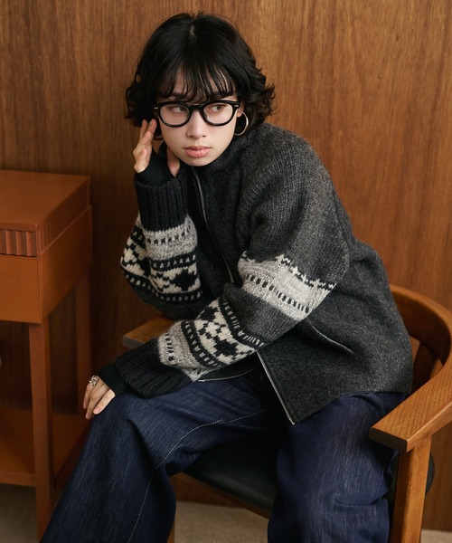 ニット セーター jacquard double zip knit /スタンドカラージャガード