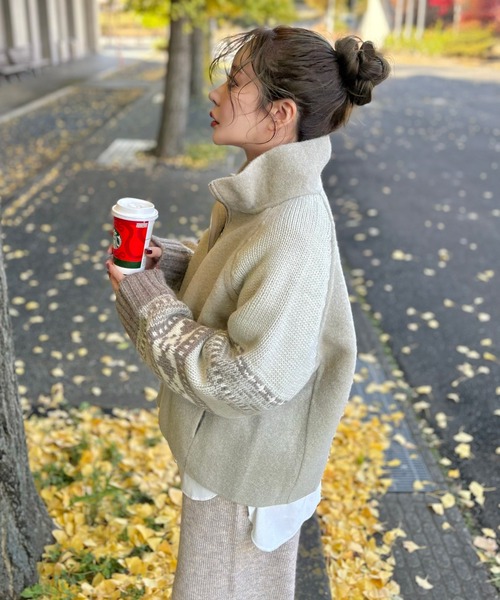 ニット セーター jacquard double zip knit /スタンドカラージャガード