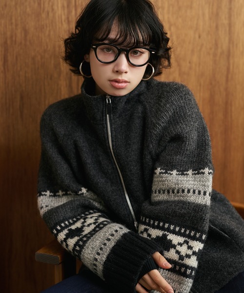 タートルネック ニット セーター jacquard double zip knit /スタンド