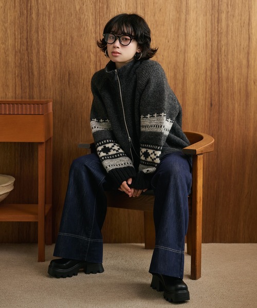 ニット セーター jacquard double zip knit /スタンドカラージャガード