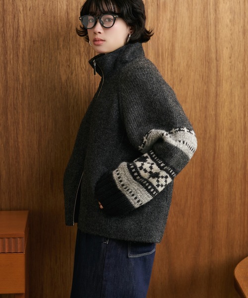 ニット セーター jacquard double zip knit /スタンドカラージャガード