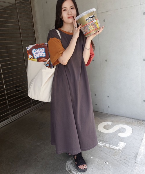 「CORNERS」 「lupilien」半袖ワンピース FREE チャコールグレー×パープル レディース_画像6