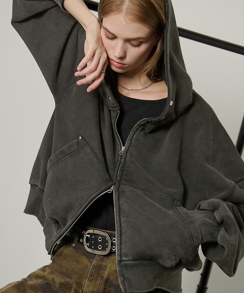 パーカー 「Alfred Alex」スタッズショートダブルジップパーカー