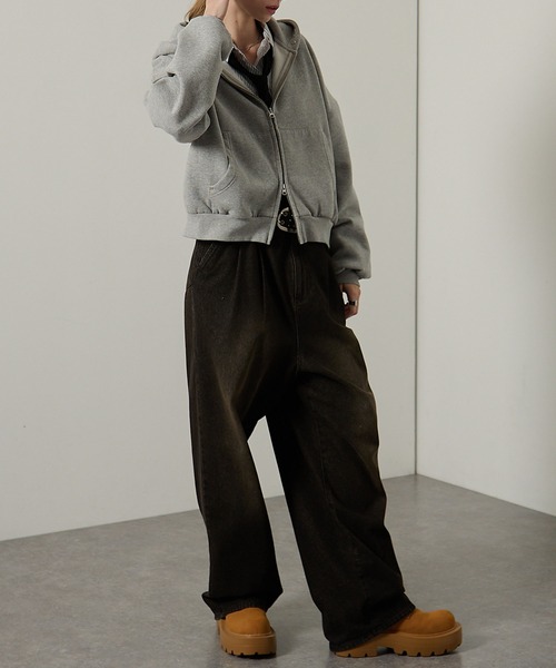 パーカー 「Alfred Alex」スタッズショートダブルジップパーカー