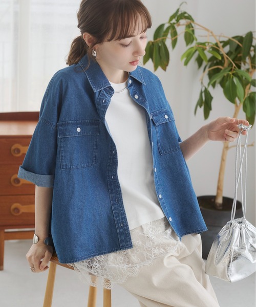 ANGIE ブラウス シャツ 夏 半袖 オーバーサイズ レギュラーカラー 