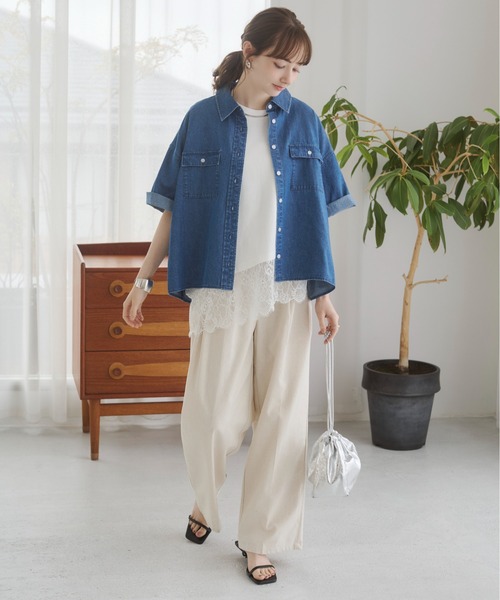 ANGIE ブラウス シャツ 夏 半袖 オーバーサイズ レギュラーカラー