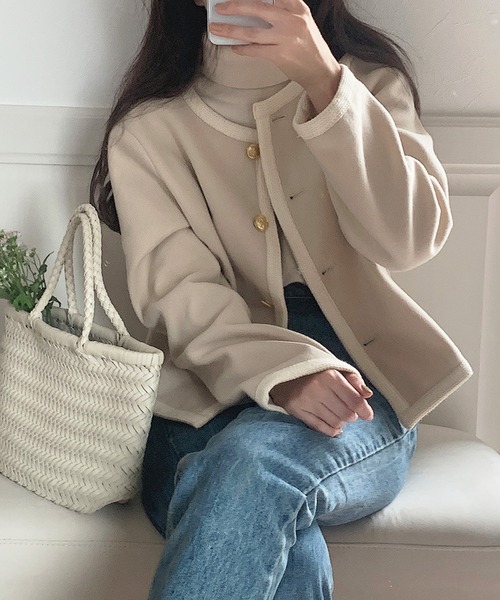 「LAUIR」 ノーカラージャケット MEDIUM アイボリー レディース_画像3