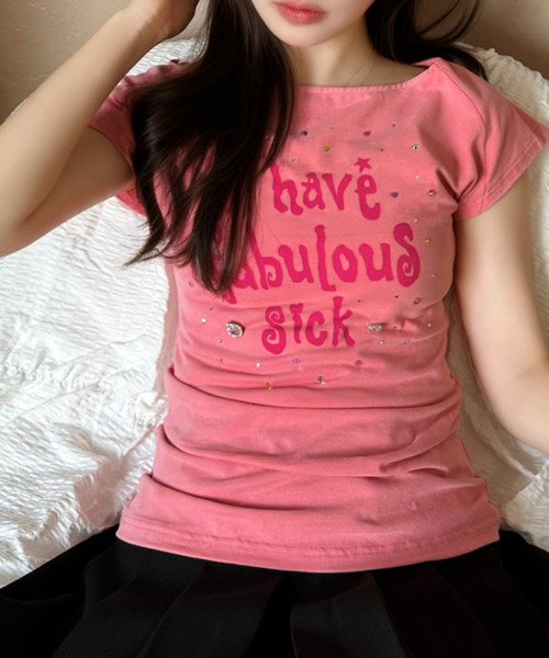 Ada. tシャツ 半袖 ビジューロゴ ボートネック スリム カットソー