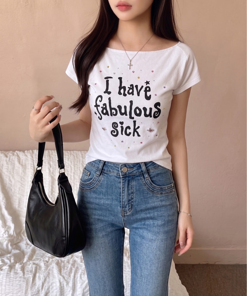 Ada. tシャツ 半袖 ビジューロゴ ボートネック スリム カットソー