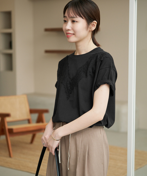 新品未使用♡スローブイエナ♡レース付きブラック半袖トップス FREEサイズ SLOBE IENA（スローブイエナ） tシャツ 半袖 「WEB限定/追加」アイ