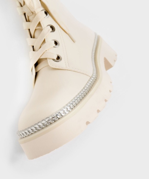 【新品未使用】チャールズ＆キース チェーントリム レースアップアンクルブーツ CHARLES ＆ KEITH ブーツ チェーントリム レースアップアンクル