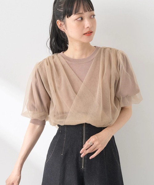 ニット セーター FOXニット半袖プルオーバー レディース earth music&ecology ニット セーター チュールドッキング半袖