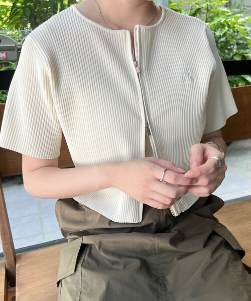 M-LINE カーディガン 半袖 「mline」刺繍WZIPカーディガン レディース