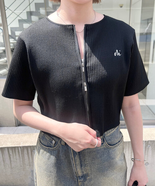 M-LINE カーディガン 半袖 「mline」刺繍WZIPカーディガン レディース