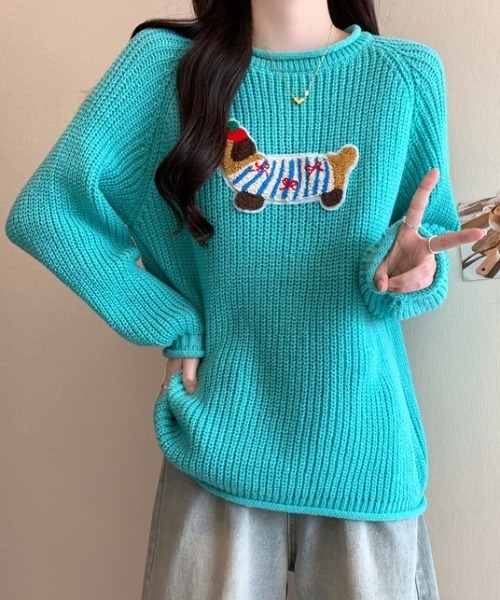 ニット セーター ショート丈ベロアワッペントップス レディース Roger&Raw ニット セーター ショート丈ベロアワッペントップス
