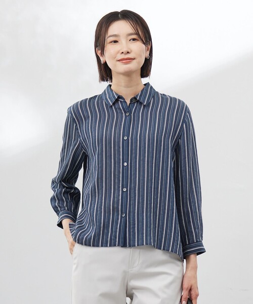 tシャツ 「洗える」ランダムストライプ シアー シャツカラー カットソー レディース