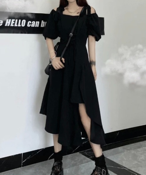 ドレープ アシンメトリーワンピース 黒 ギャザー タイト ウール100 ギャザー ドレープ アシンメトリーワンピース 黒 ギャザー タイト ウール100