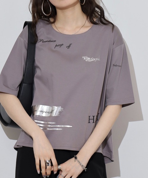 tシャツ Anna Nicola ランダムプリント半袖Tシャツ 箔プリントカットソー レディース