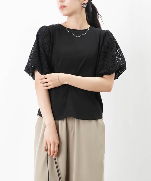 tシャツ LC/LLL レースパフ袖クルーネックTシャツ レディース